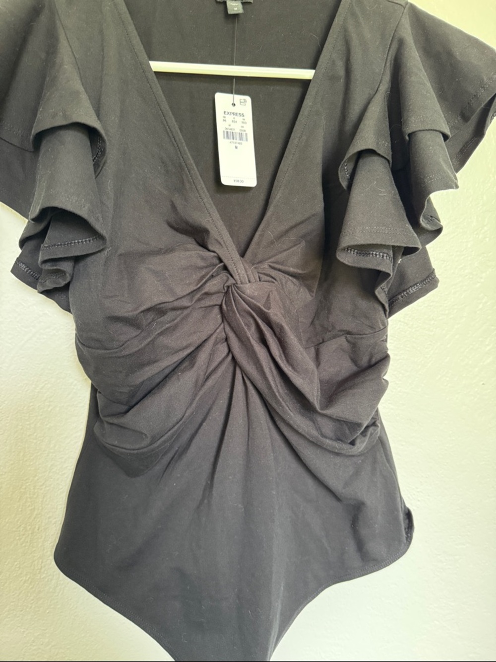 Express Black Ruffle-Sleeve Twist-Front V-Neck Bodysuit - Picture 3 of 8